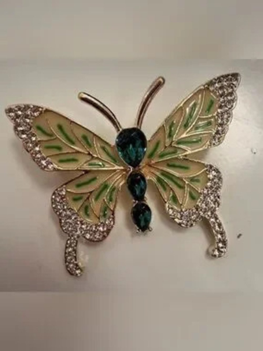 Anthropologie Gold Butterfly Pin with Green Enamel and Teal Crystals